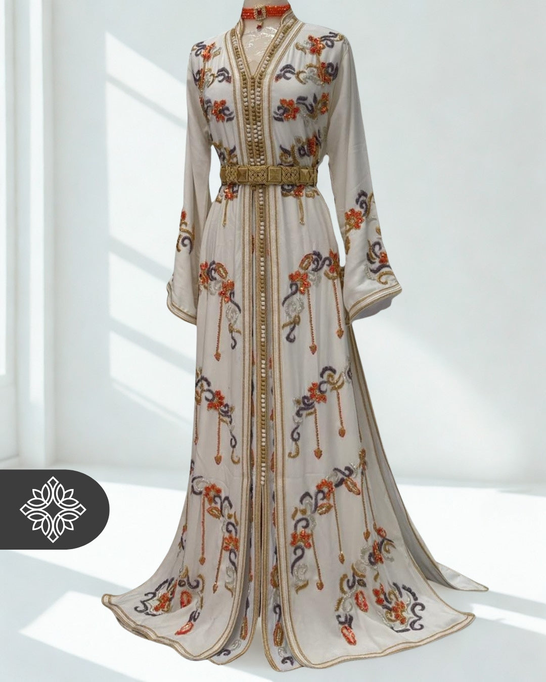 White Moroccan Takchita | Exclusive Two-Piece Kaftan | Floral Embroidery & Turquoise Sequins