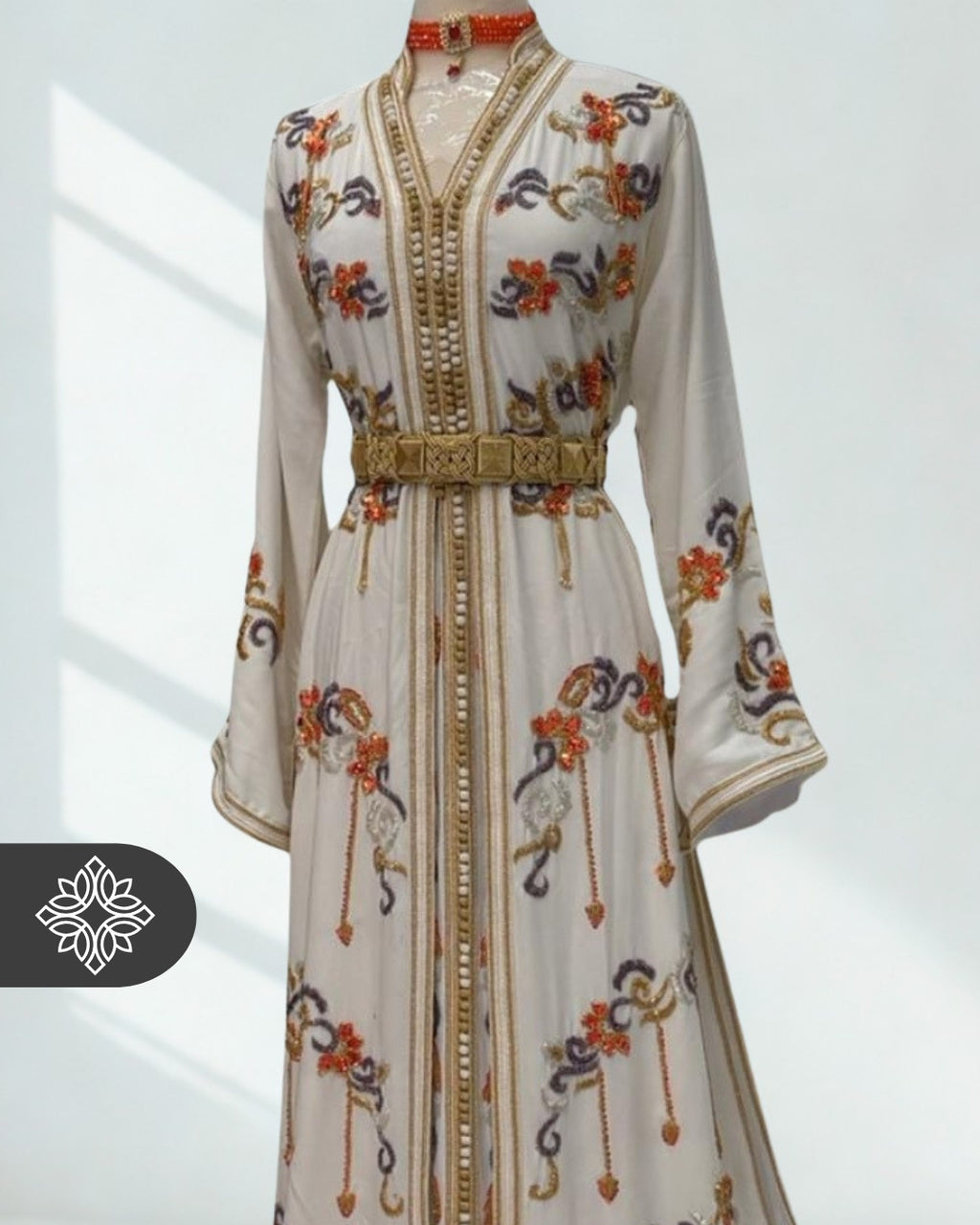 White Moroccan Takchita | Exclusive Two-Piece Kaftan | Floral Embroidery & Turquoise Sequins