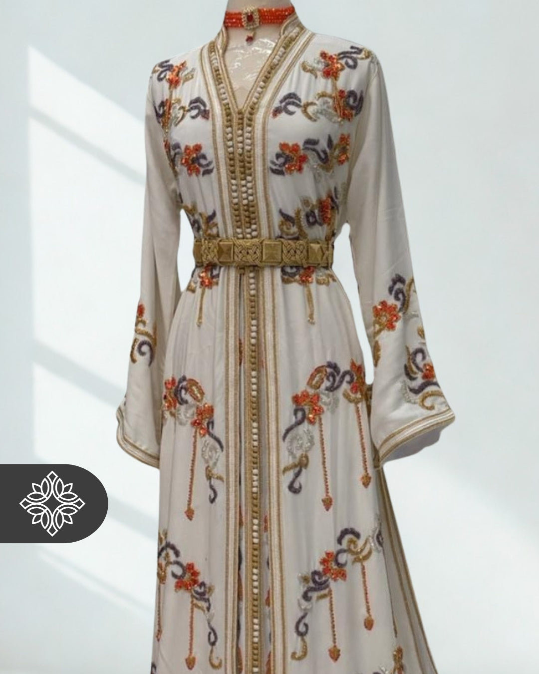 White Moroccan Takchita | Exclusive Two-Piece Kaftan | Floral Embroidery & Turquoise Sequins