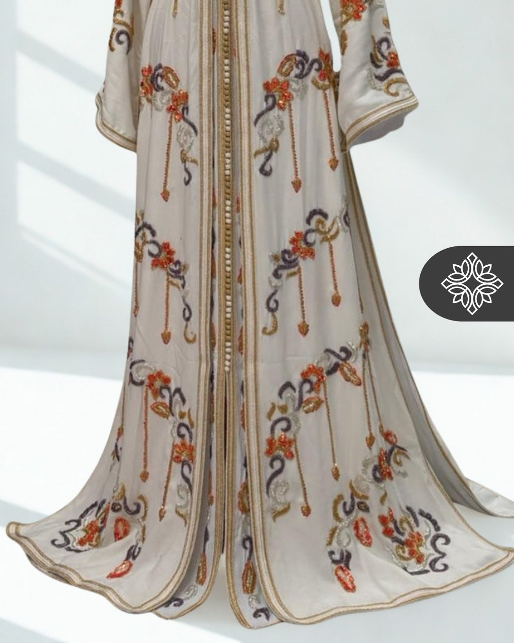 White Moroccan Takchita | Exclusive Two-Piece Kaftan | Floral Embroidery & Turquoise Sequins