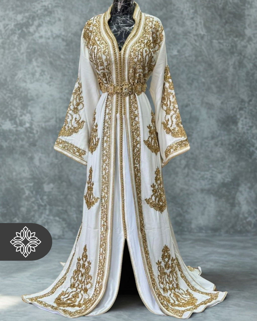 White Moroccan Takchita | Luxury Two-Piece Kaftan | Golden Hand Embroidery