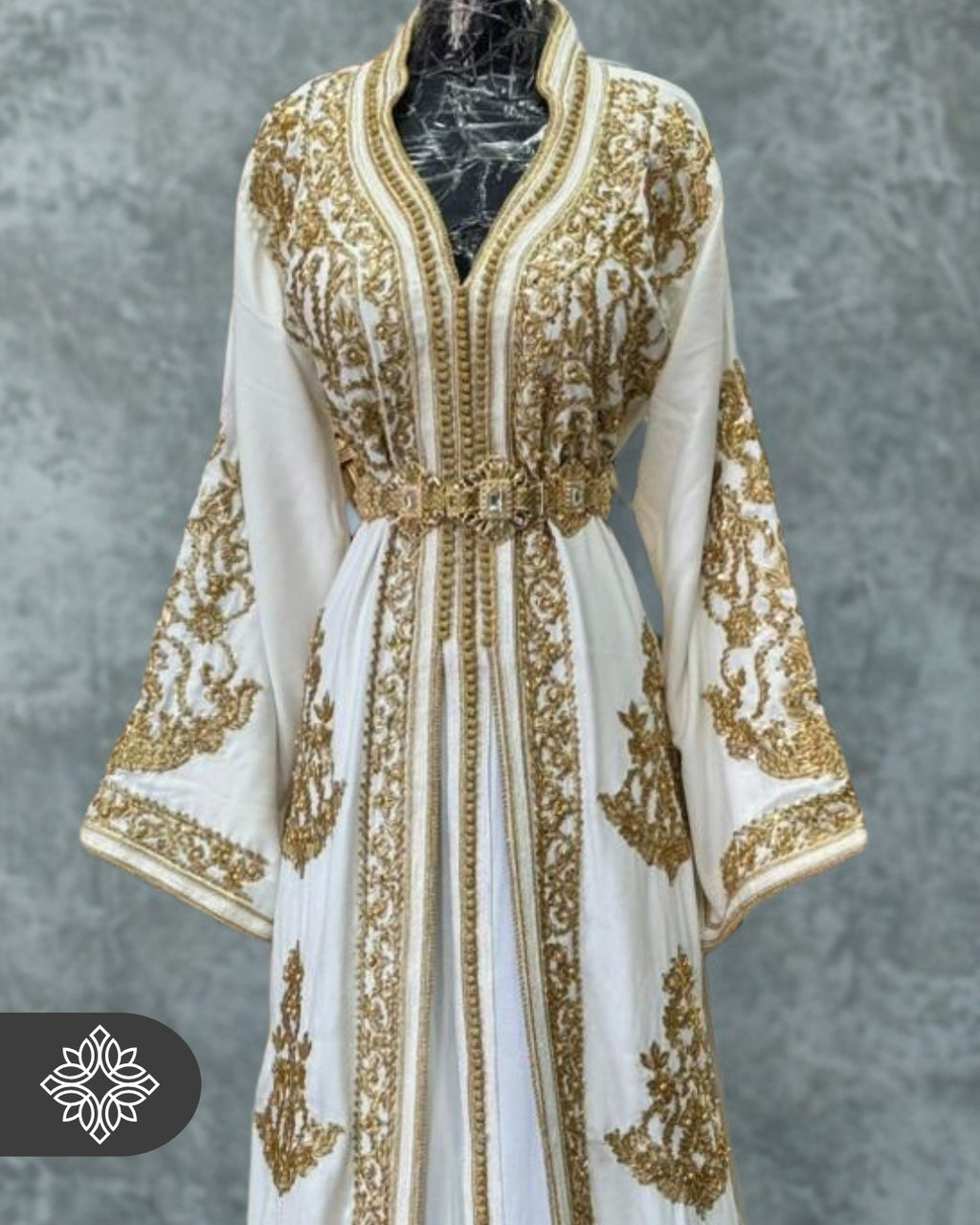 White Moroccan Takchita | Luxury Two-Piece Kaftan | Golden Hand Embroidery