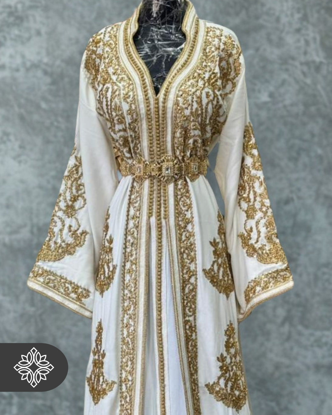 White Moroccan Takchita | Luxury Two-Piece Kaftan | Golden Hand Embroidery