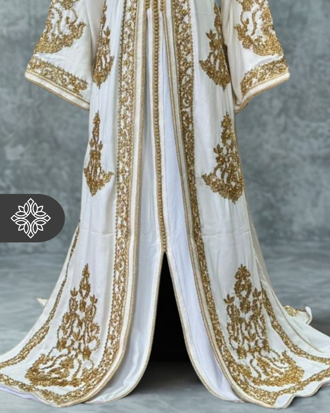 White Moroccan Takchita | Luxury Two-Piece Kaftan | Golden Hand Embroidery