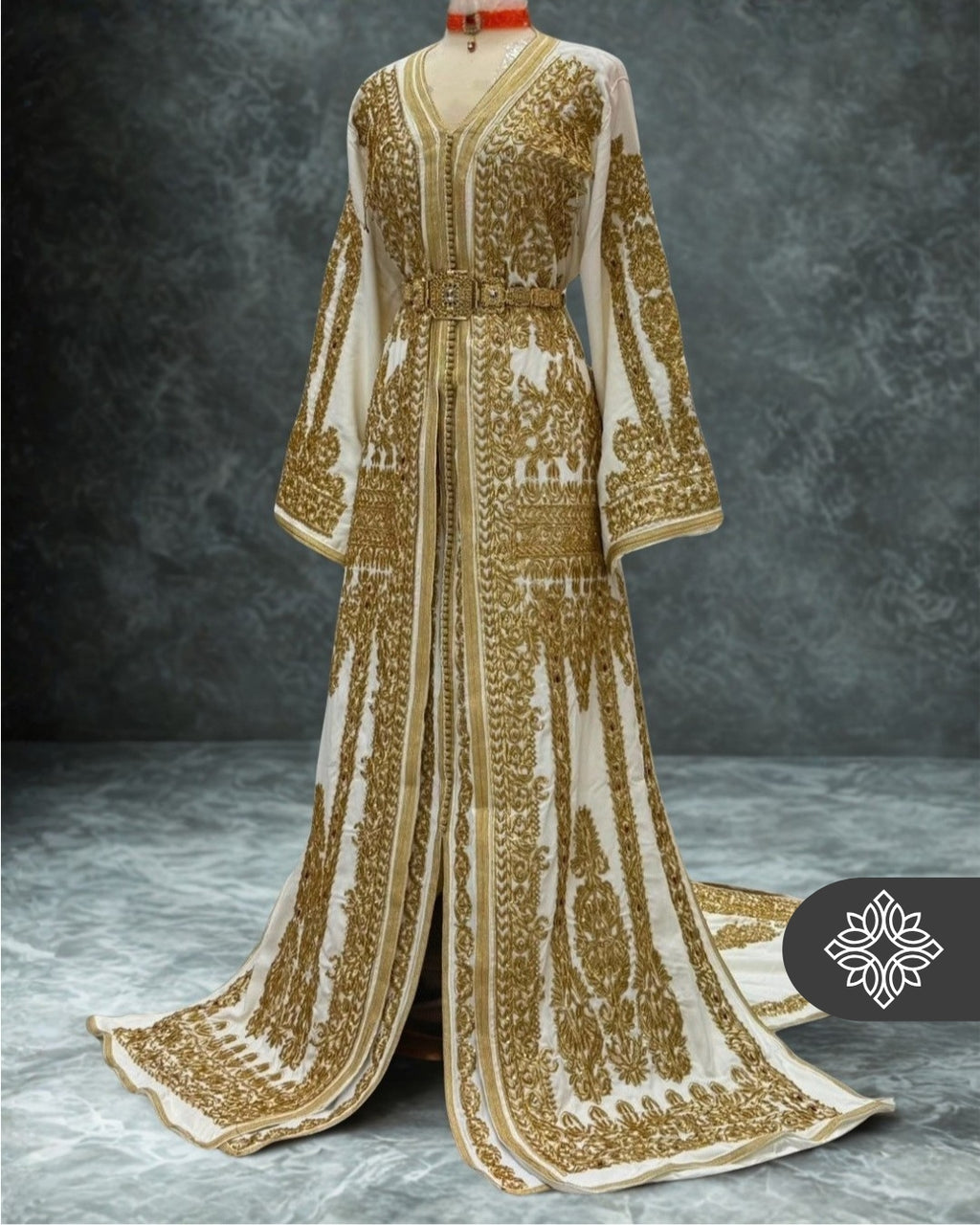 Bridal White Moroccan Takchita | Luxury Two-Piece Kaftan | Golden Royal Hand Embroidery