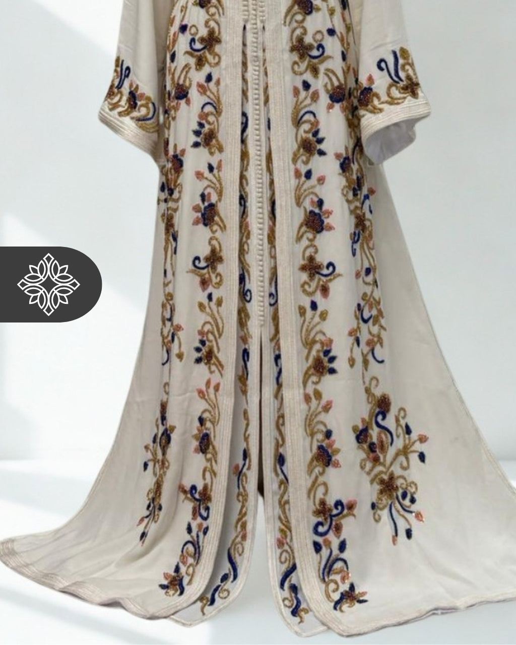 White Moroccan Takchita | Luxury Two-Piece Kaftan | Sapphire Floral Embroidery