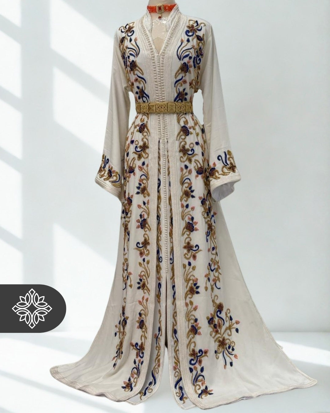 White Moroccan Takchita | Luxury Two-Piece Kaftan | Sapphire Floral Embroidery