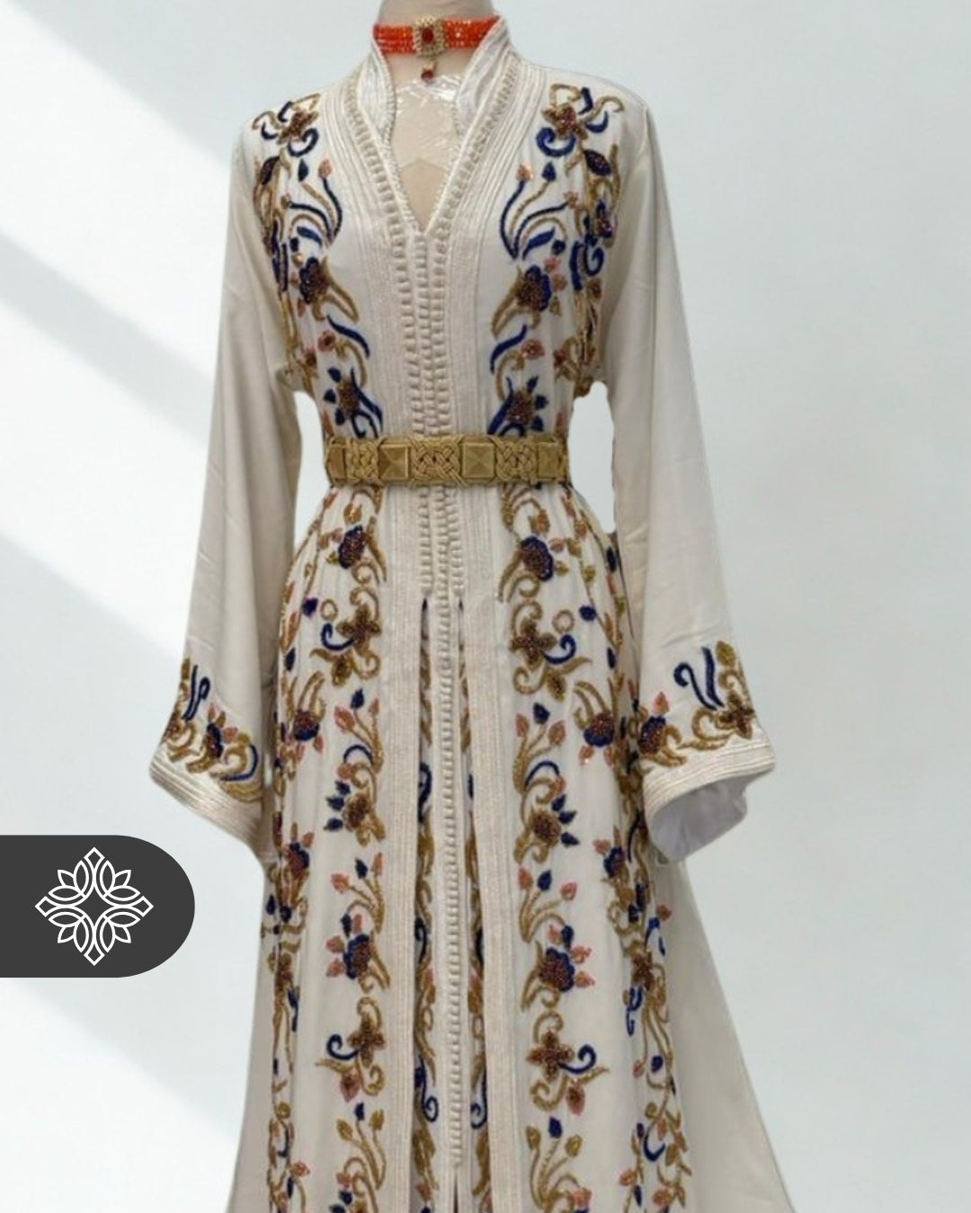 White Moroccan Takchita | Luxury Two-Piece Kaftan | Sapphire Floral Embroidery