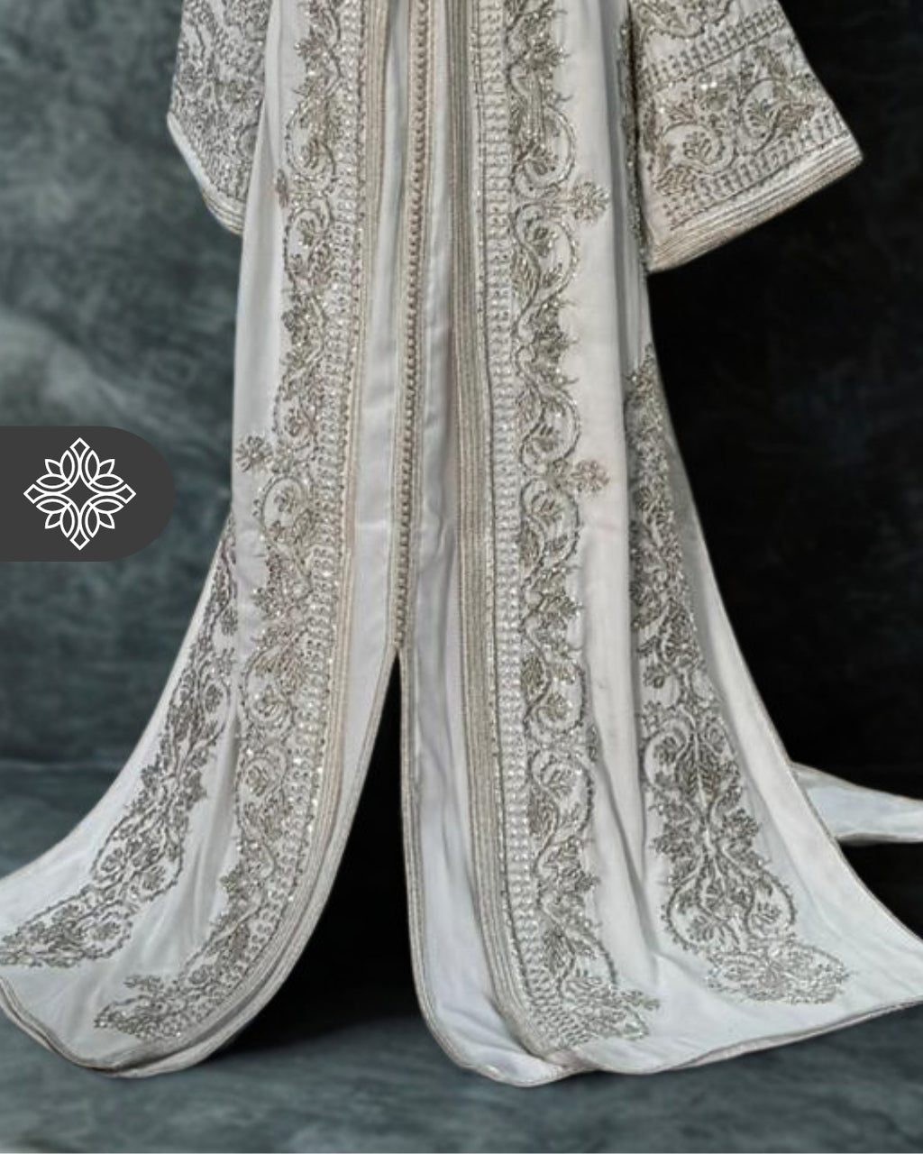 White Moroccan Takchita | Luxury Two-Piece Wedding Kaftan | Silver Hand Embroidery