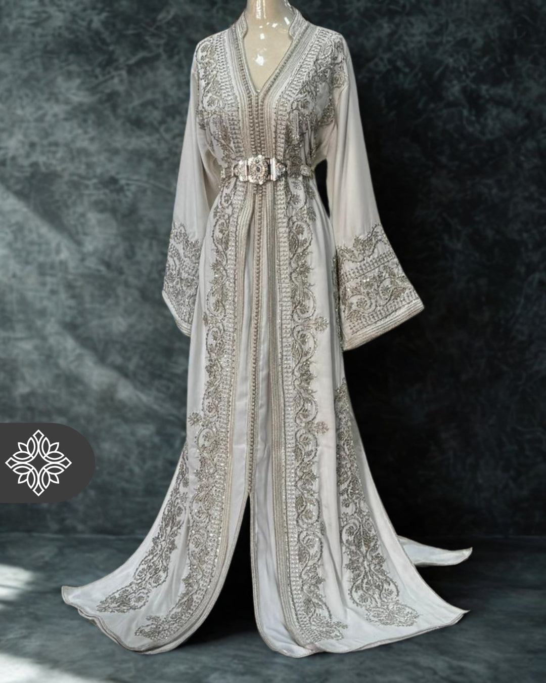 White Moroccan Takchita | Luxury Two-Piece Wedding Kaftan | Silver Hand Embroidery
