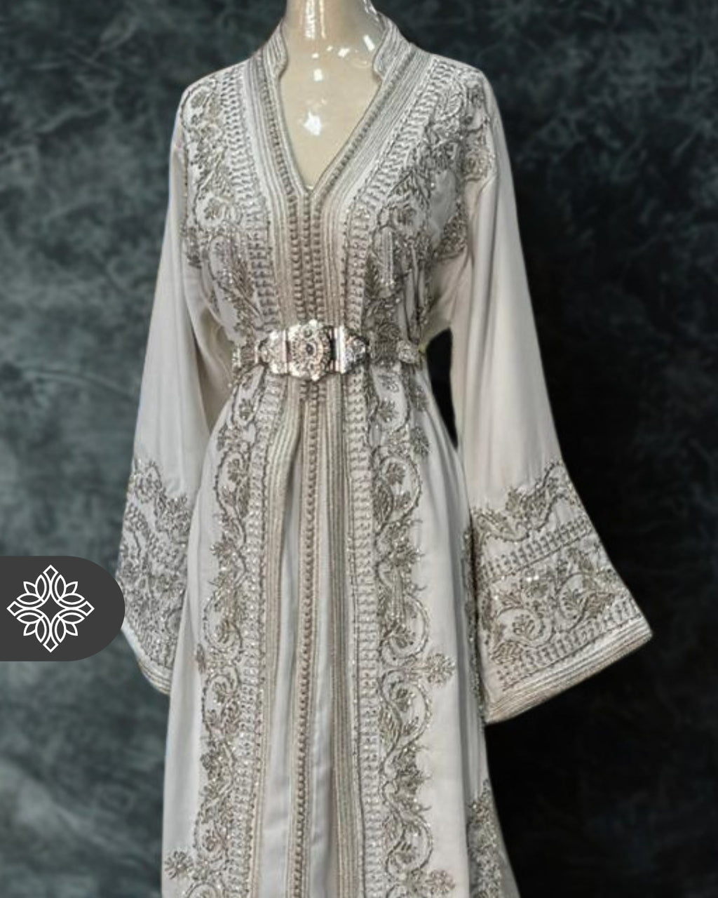 White Moroccan Takchita | Luxury Two-Piece Wedding Kaftan | Silver Hand Embroidery