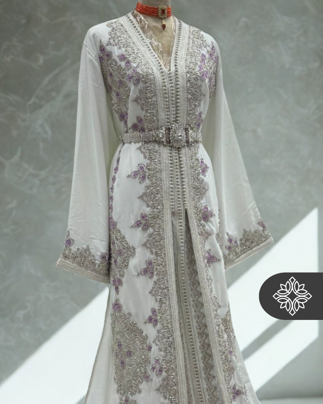White Moroccan Takchita | Silver Tonal Embroidery & Handcrafted Couture | Luxury Two-Piece Kaftan