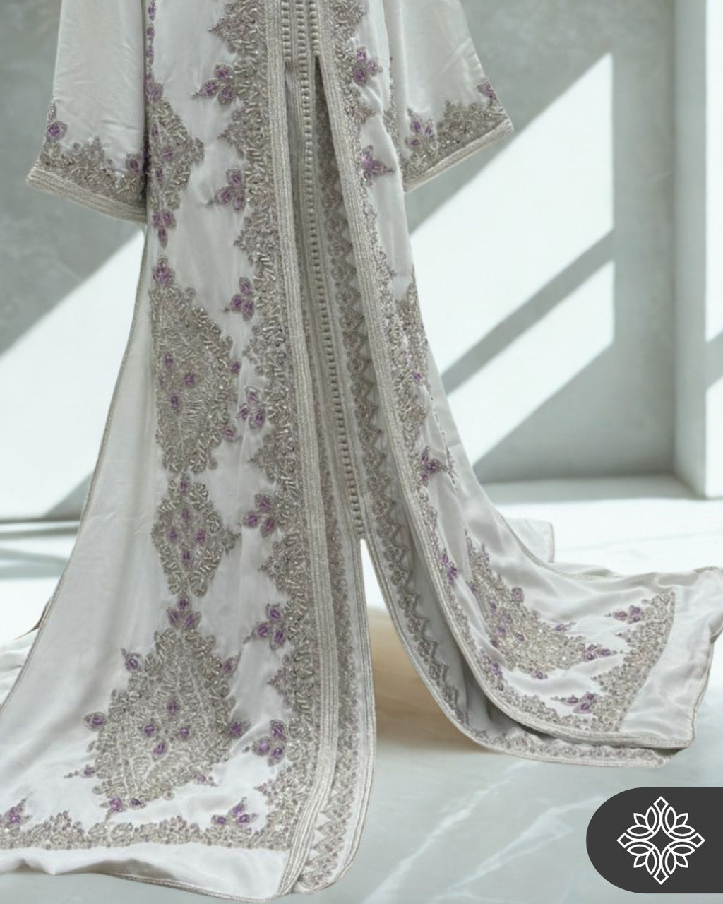 White Moroccan Takchita | Silver Tonal Embroidery & Handcrafted Couture | Luxury Two-Piece Kaftan