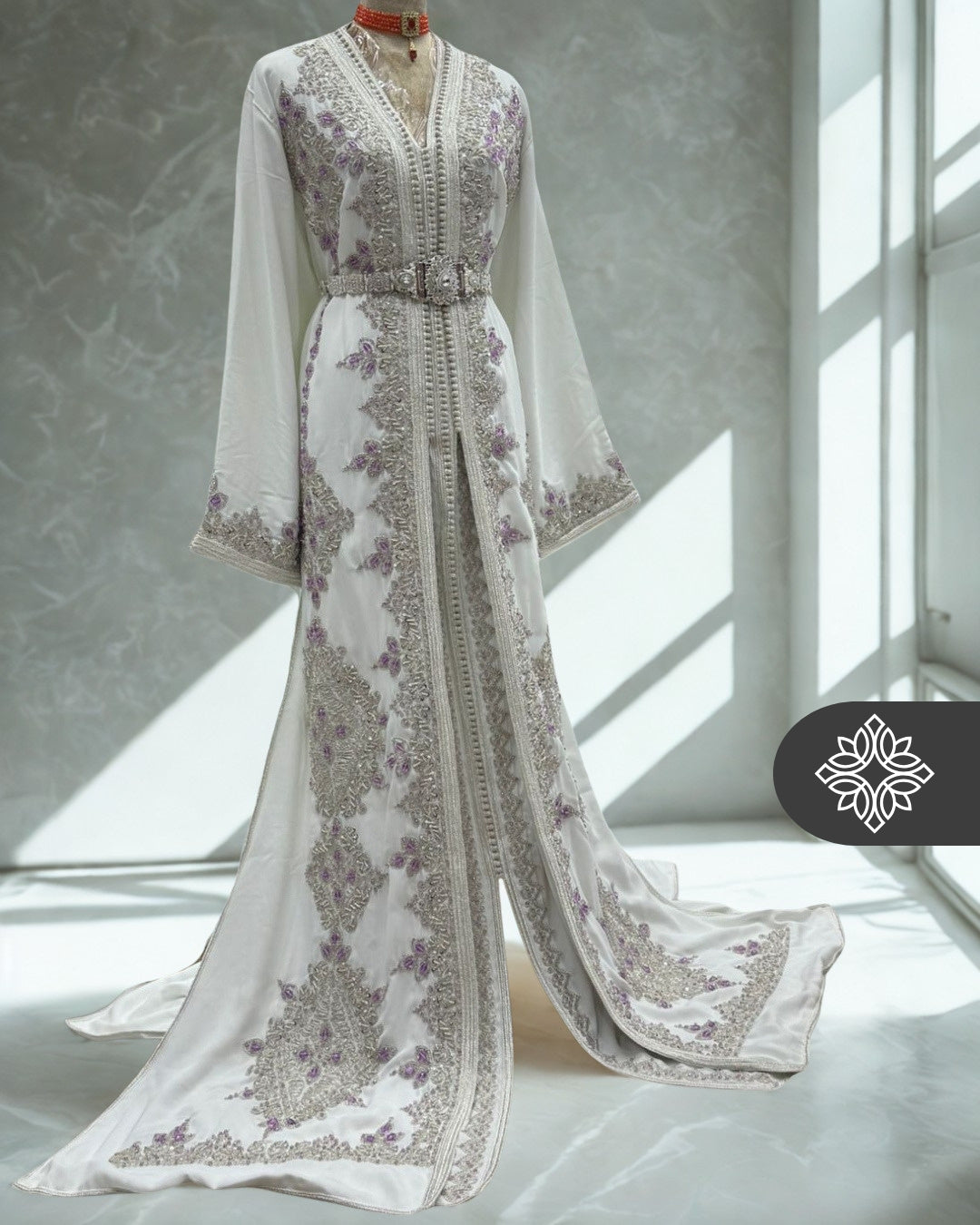 White Moroccan Takchita | Silver Tonal Embroidery & Handcrafted Couture | Luxury Two-Piece Kaftan