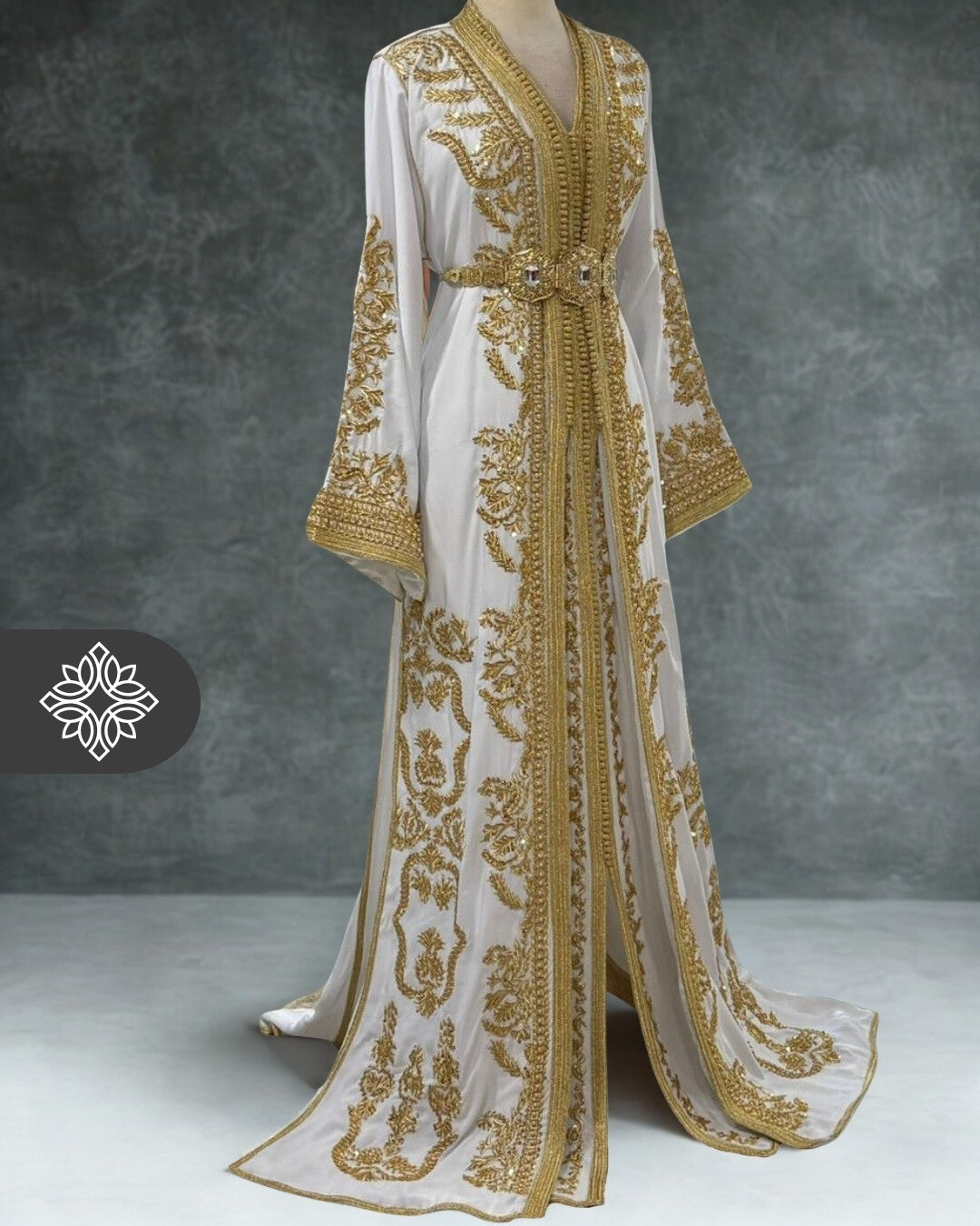 White Moroccan Two-Piece Takchita | Golden Tonal Embroidery | Bridal Luxury Kaftan