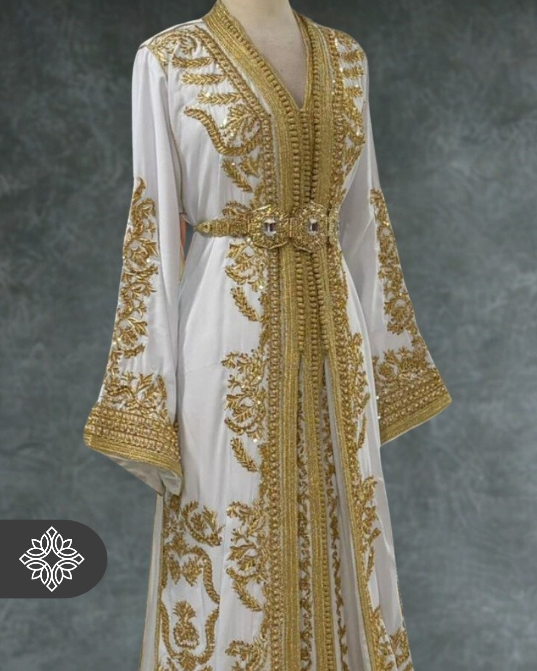 White Moroccan Two-Piece Takchita | Golden Tonal Embroidery | Bridal Luxury Kaftan