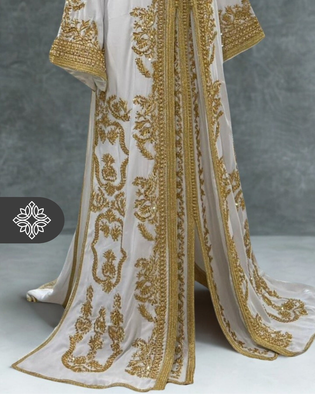 White Moroccan Two-Piece Takchita | Golden Tonal Embroidery | Bridal Luxury Kaftan