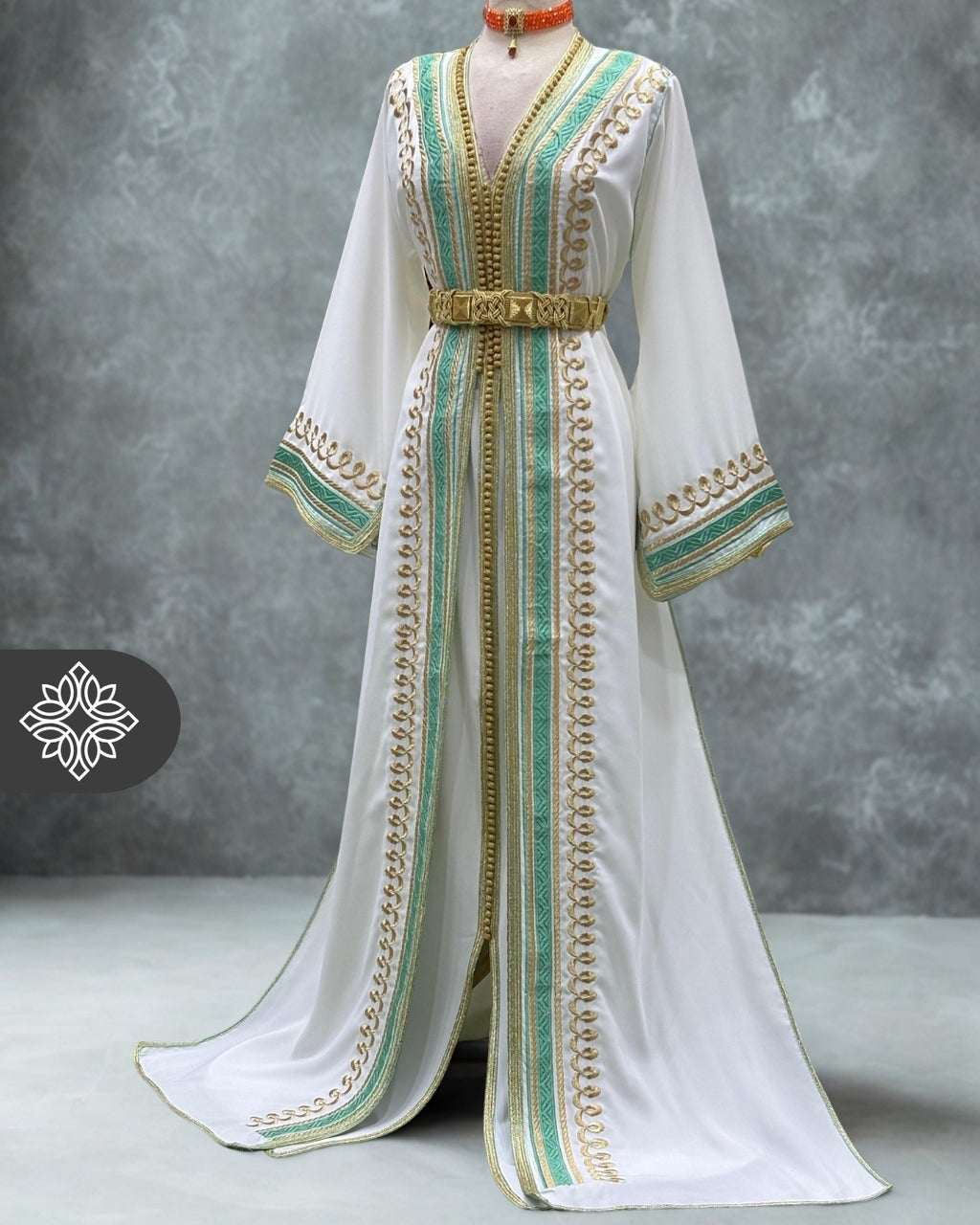 White Moroccan Two Piece Kaftan Takshita with Gold and Emerald Teal Embroidery