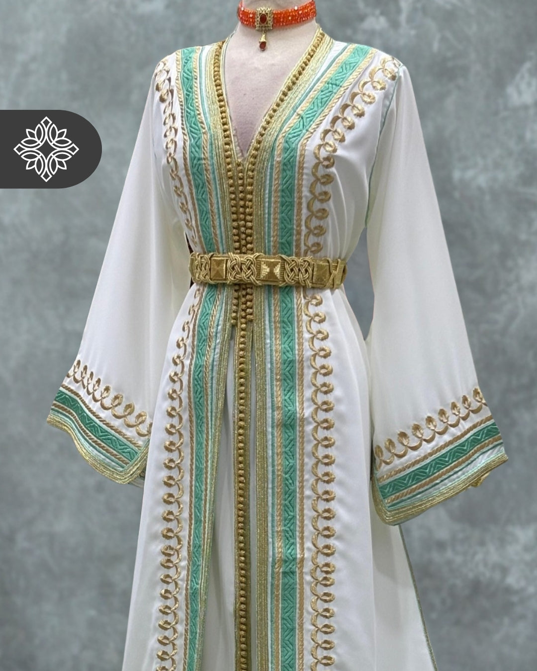 White Moroccan Two Piece Kaftan Takshita with Gold and Emerald Teal Embroidery