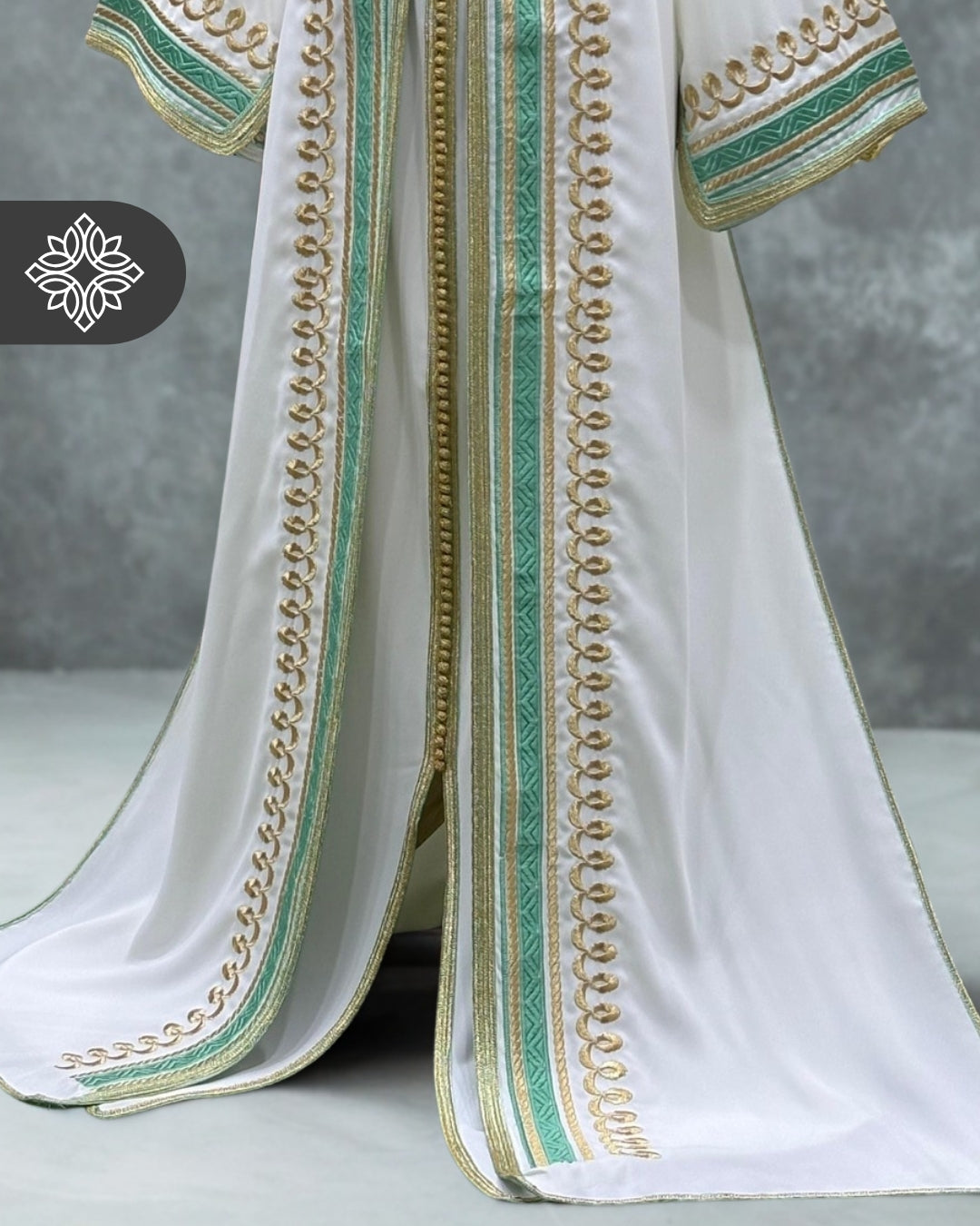 White Moroccan Two Piece Kaftan Takshita with Gold and Emerald Teal Embroidery