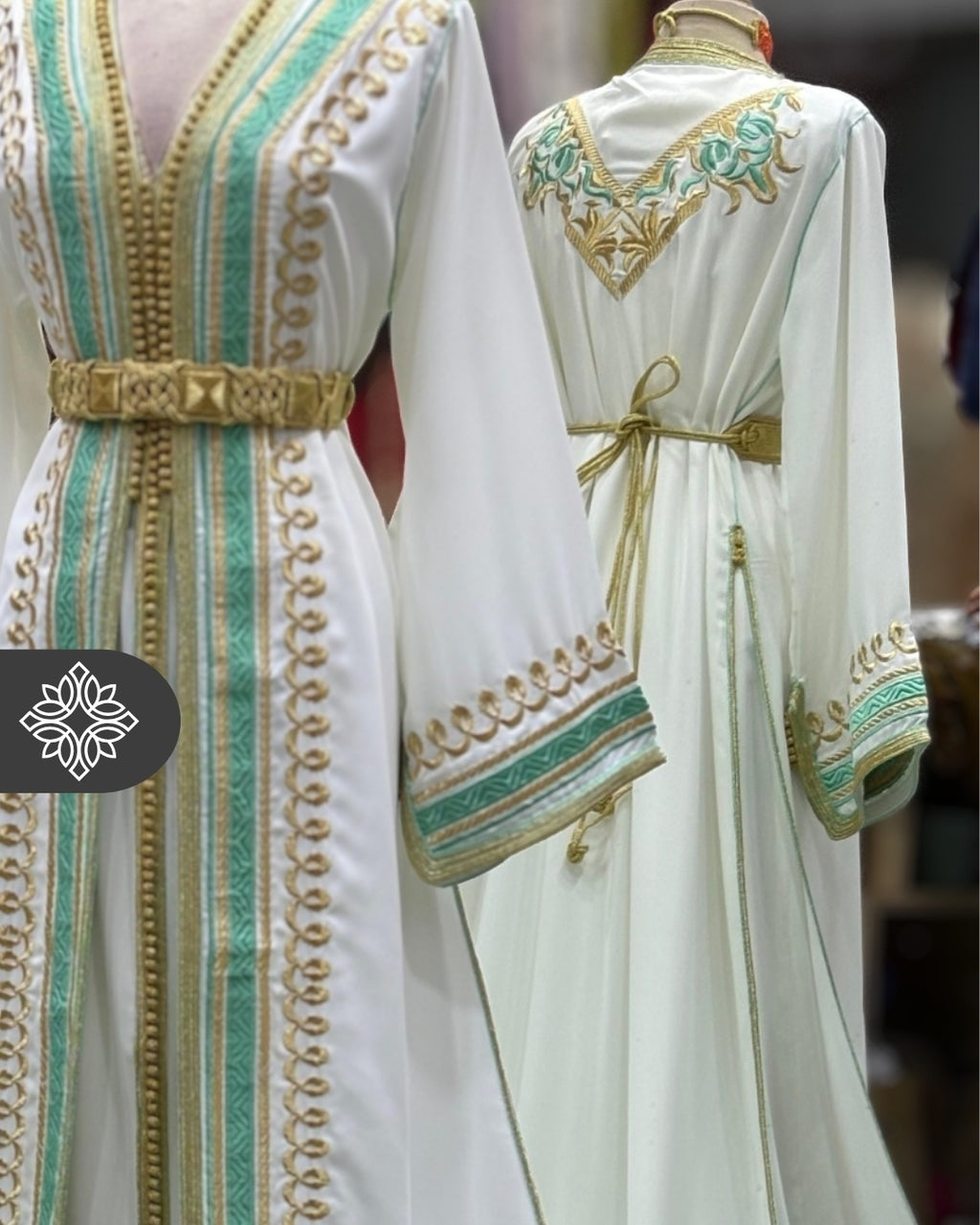 Royal Green & Red Two Piece Kaftan Takchita with Gold Embroidery