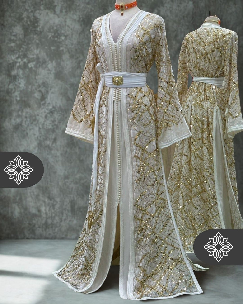 White Two-Piece Kaftan | Gold Lattice Embroidery | Moroccan Takchita