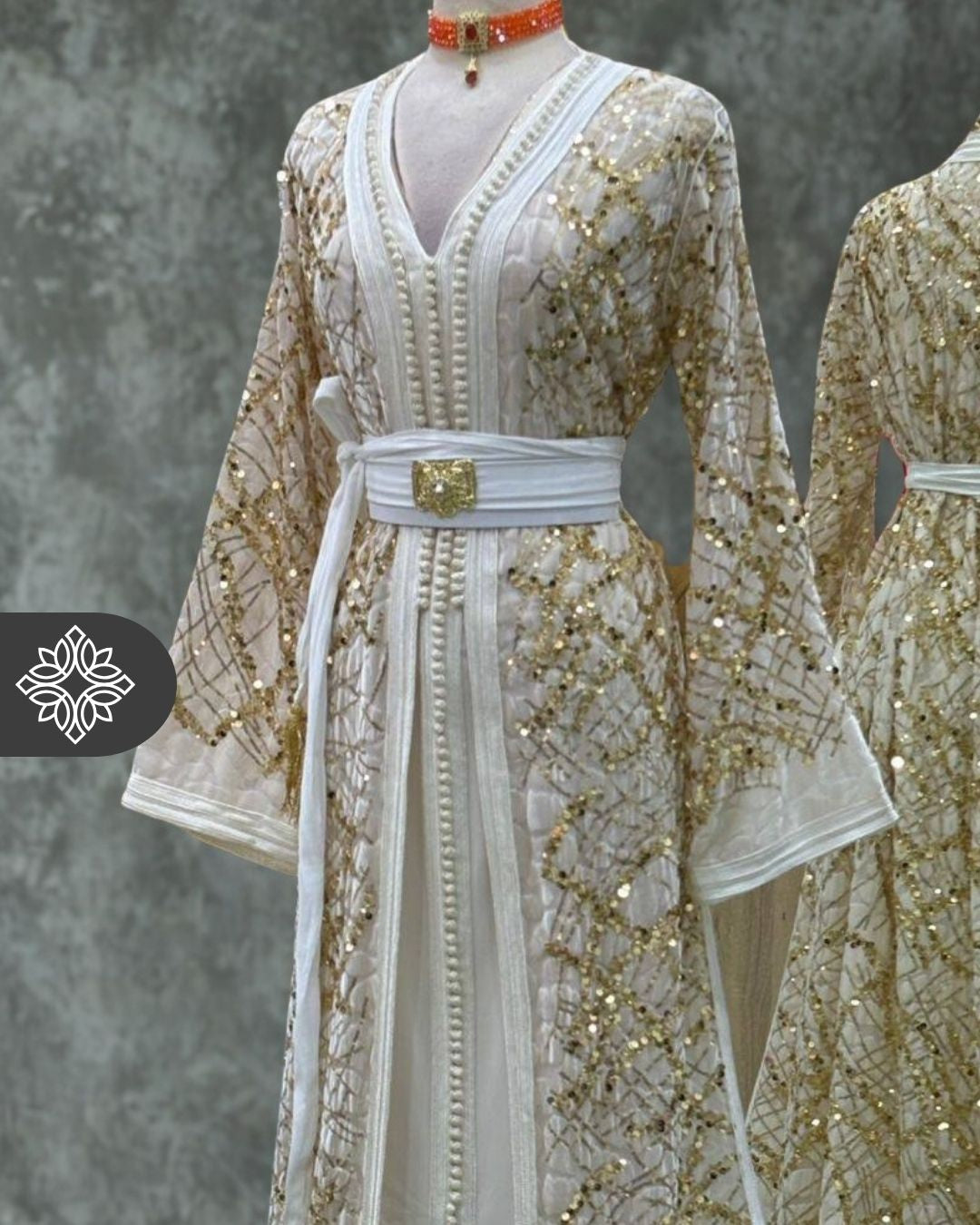 White Two-Piece Kaftan | Gold Lattice Embroidery | Moroccan Takchita