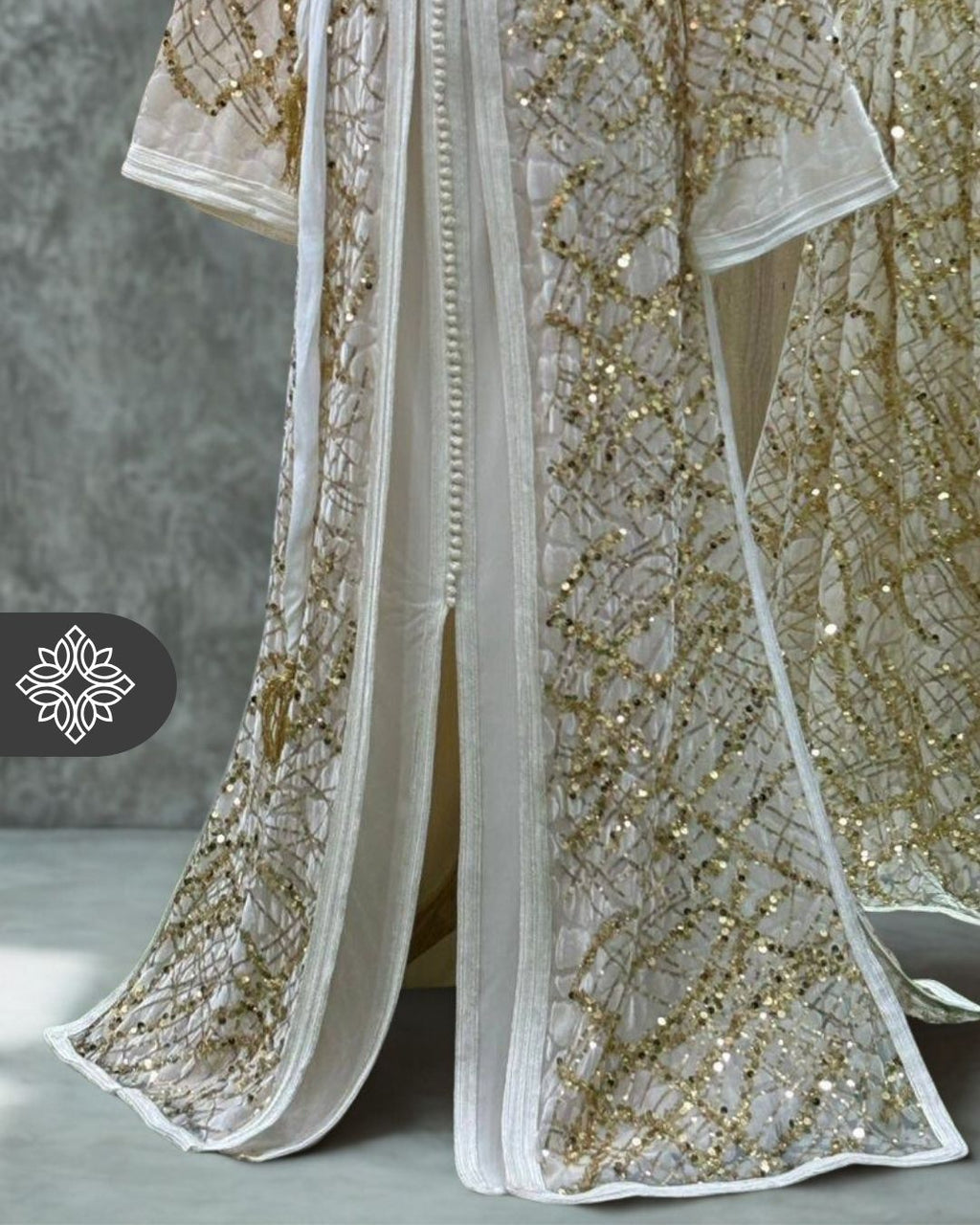 White Two-Piece Kaftan | Gold Lattice Embroidery | Moroccan Takchita