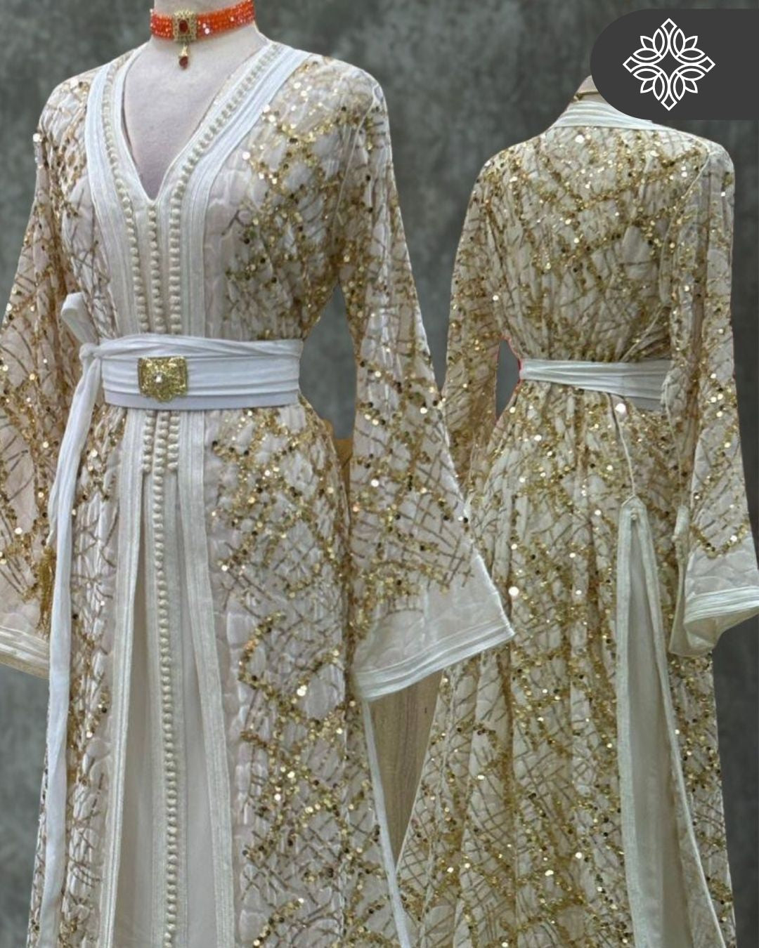 White Two-Piece Kaftan | Gold Lattice Embroidery | Moroccan Takchita