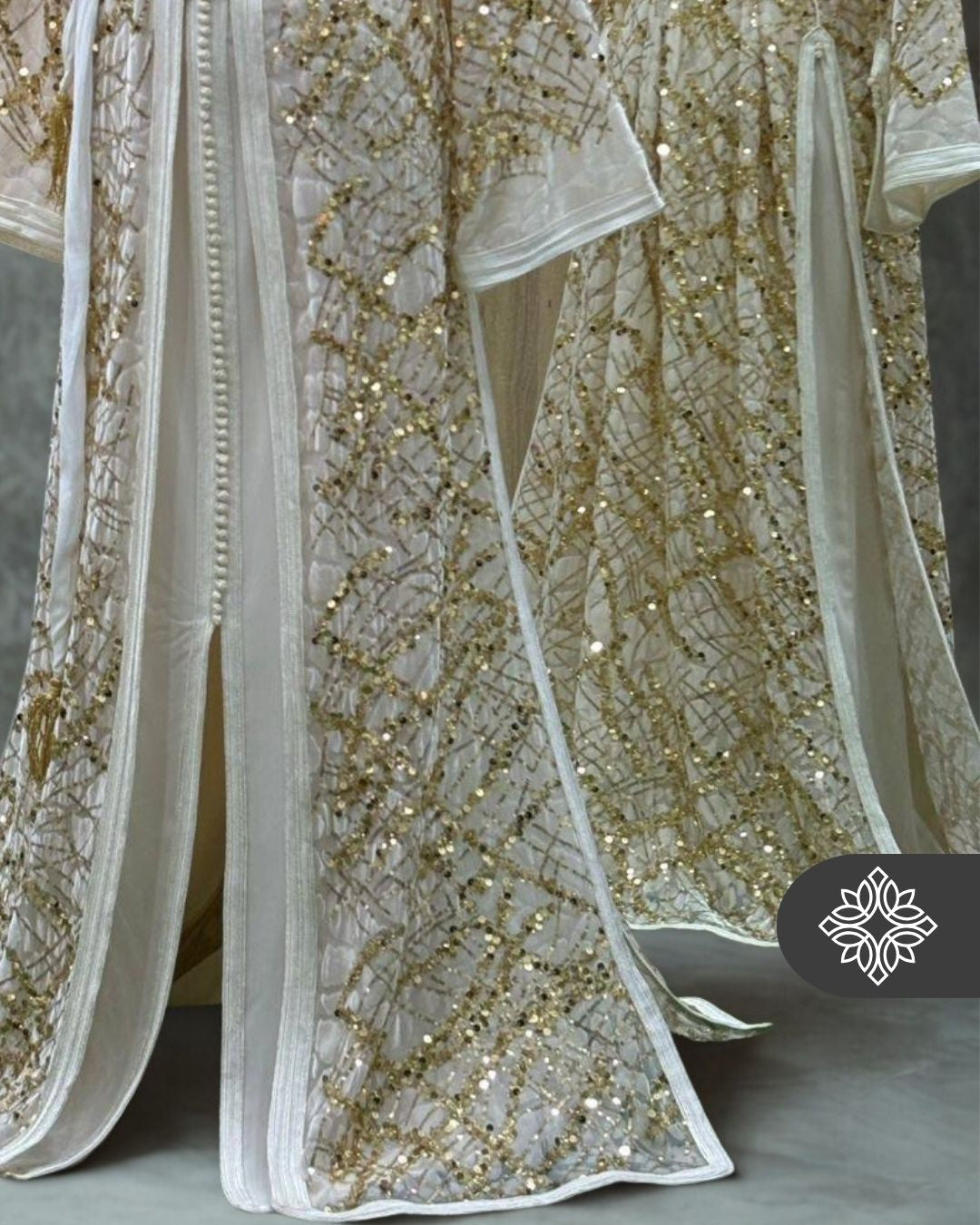 White Two-Piece Kaftan | Gold Lattice Embroidery | Moroccan Takchita
