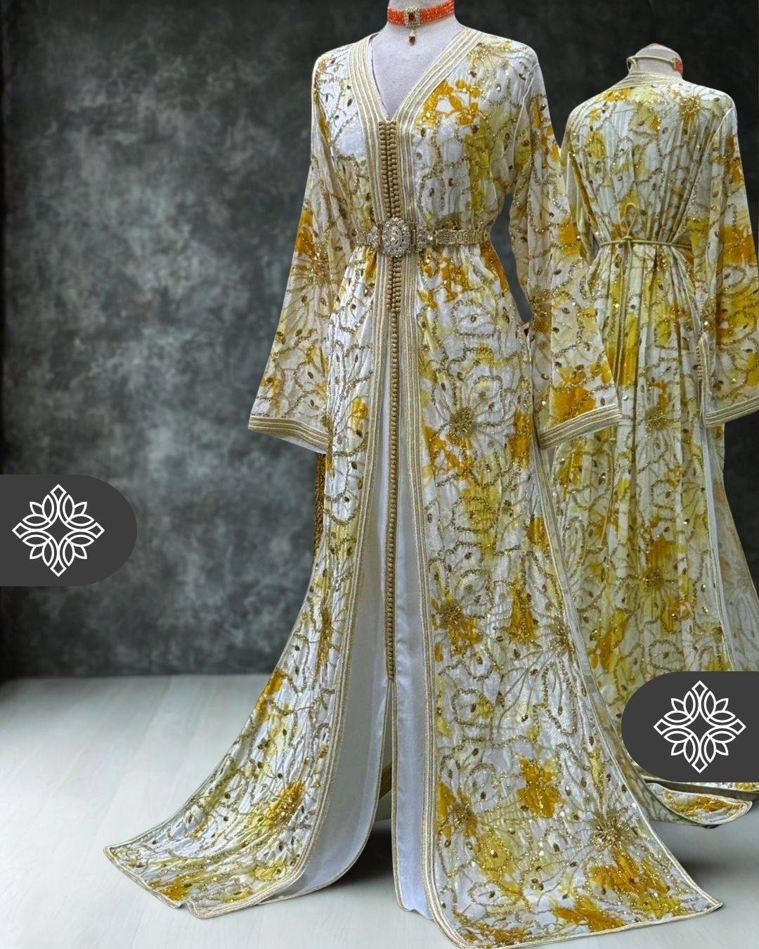 Caftan blanc deux pièces | Broderie dorée à carreaux | Takchita marocain