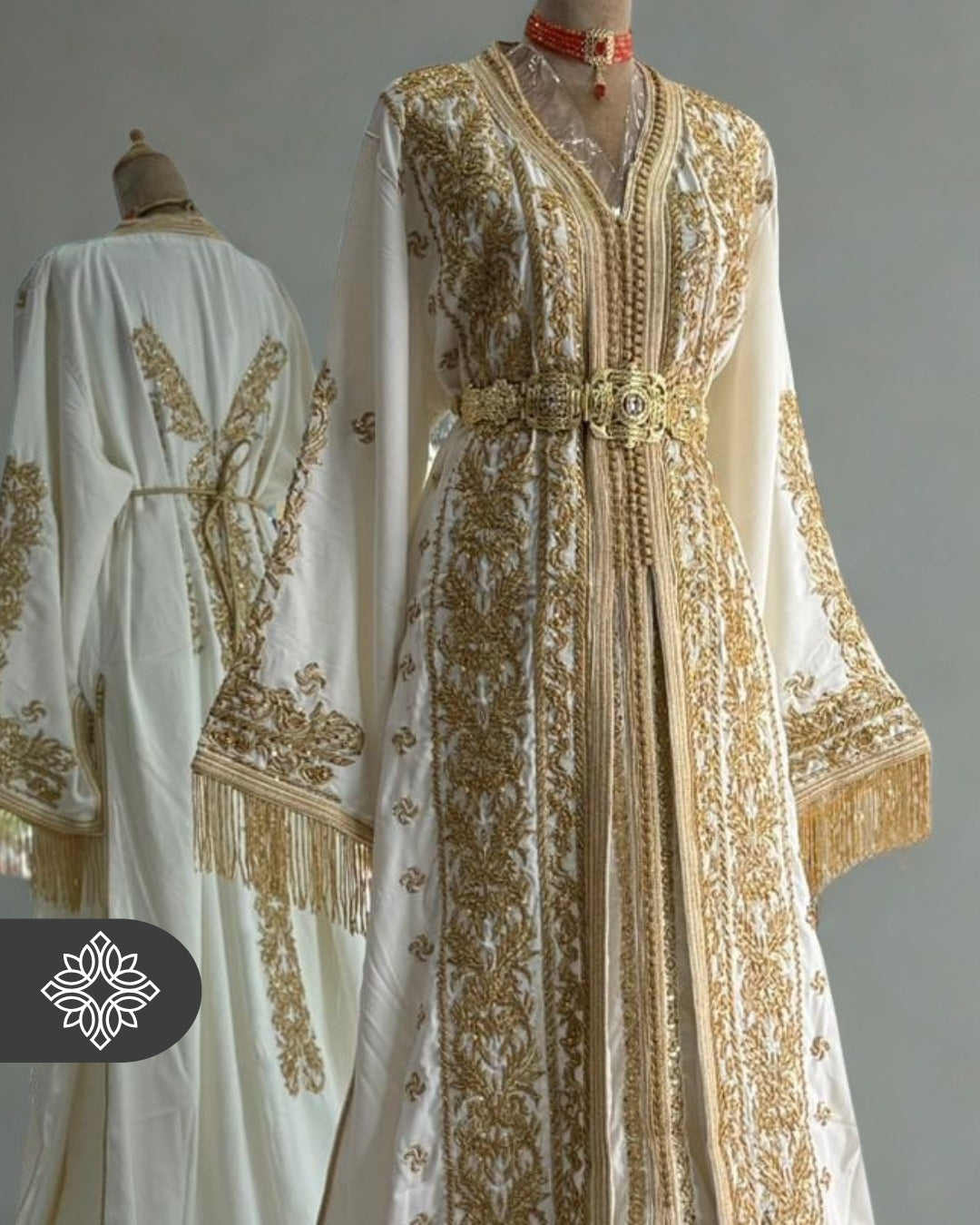 White & Gold Bridal Moroccan Takchita | Royal Embroidery & Fringe Detail | Luxury Two-Piece Kaftan