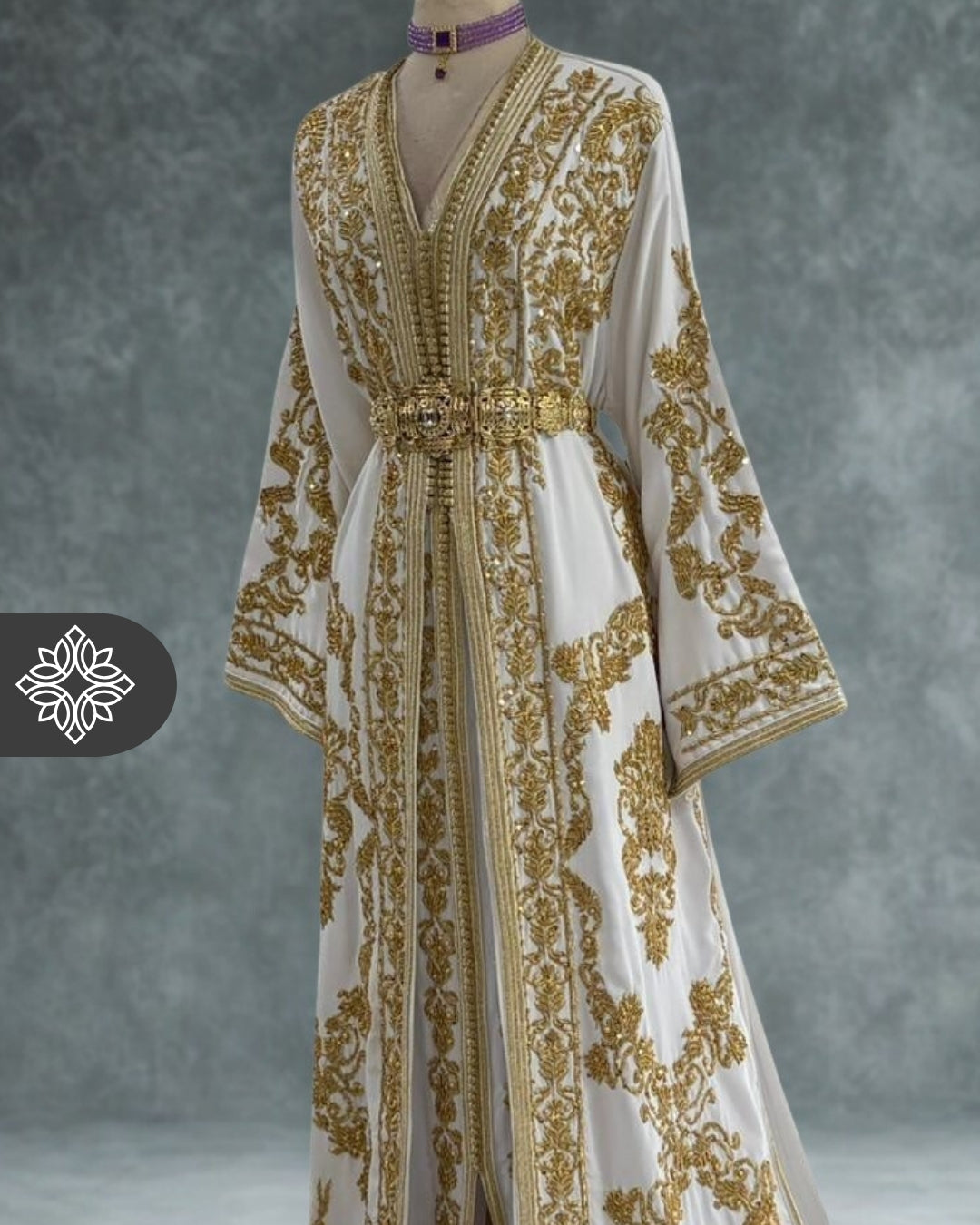 White Moroccan Two-Piece Takchita | Tonal Golden Embroidery | Bridal Luxury Two-Piece Kaftan