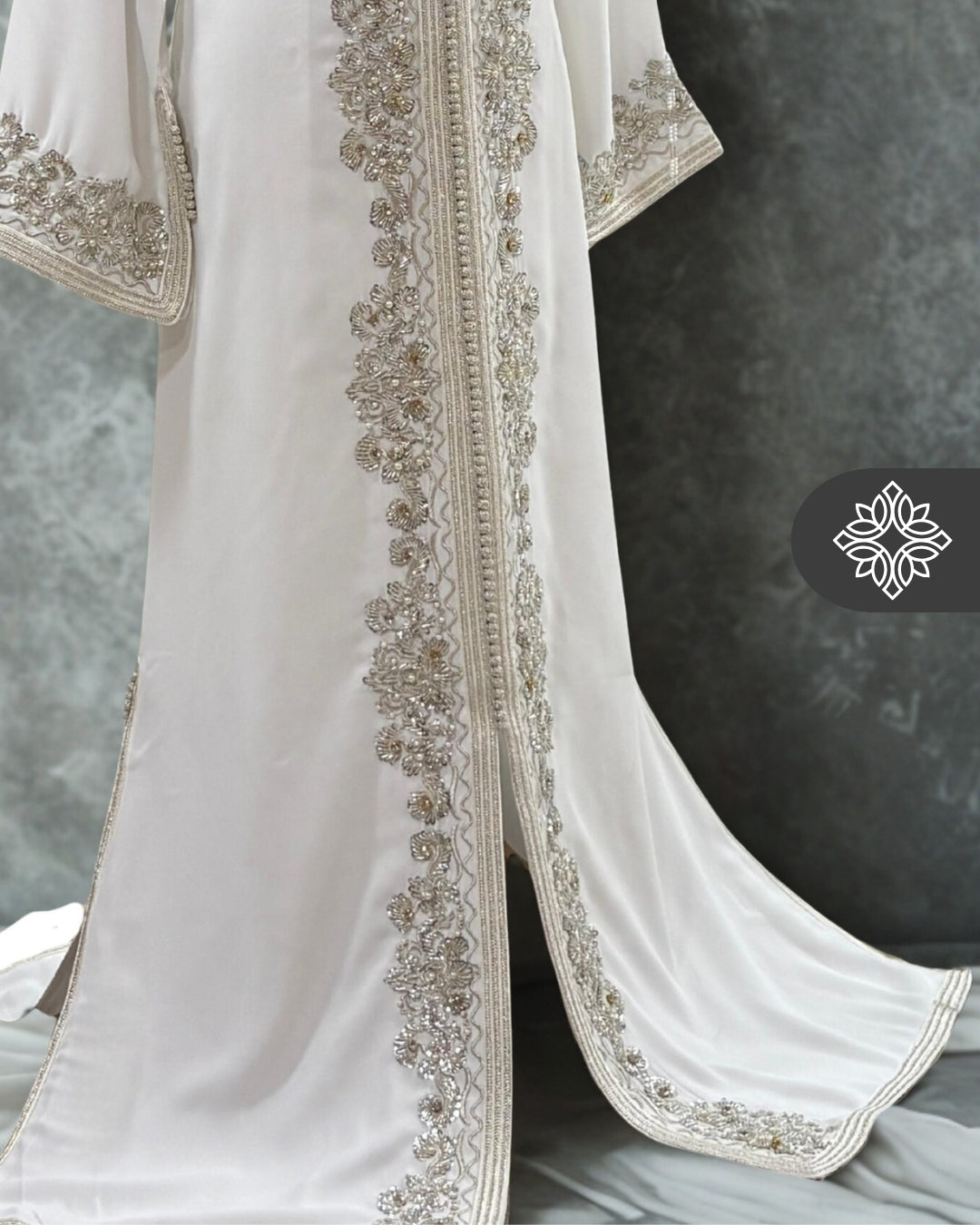 Pearl White One-Piece Kaftan | Ethereal Silver Embroidery & Beads | Moroccan Caftan