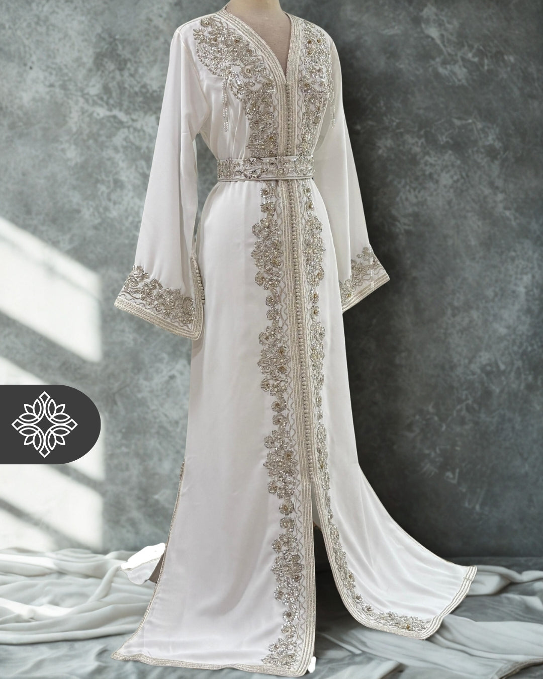 Baby Blue One-Piece Kaftan | Luxury Silver Embroidery & Beads | Moroccan Caftan Dress