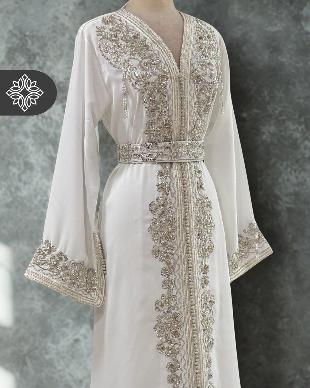 Pearl White One-Piece Kaftan | Ethereal Silver Embroidery & Beads | Moroccan Caftan