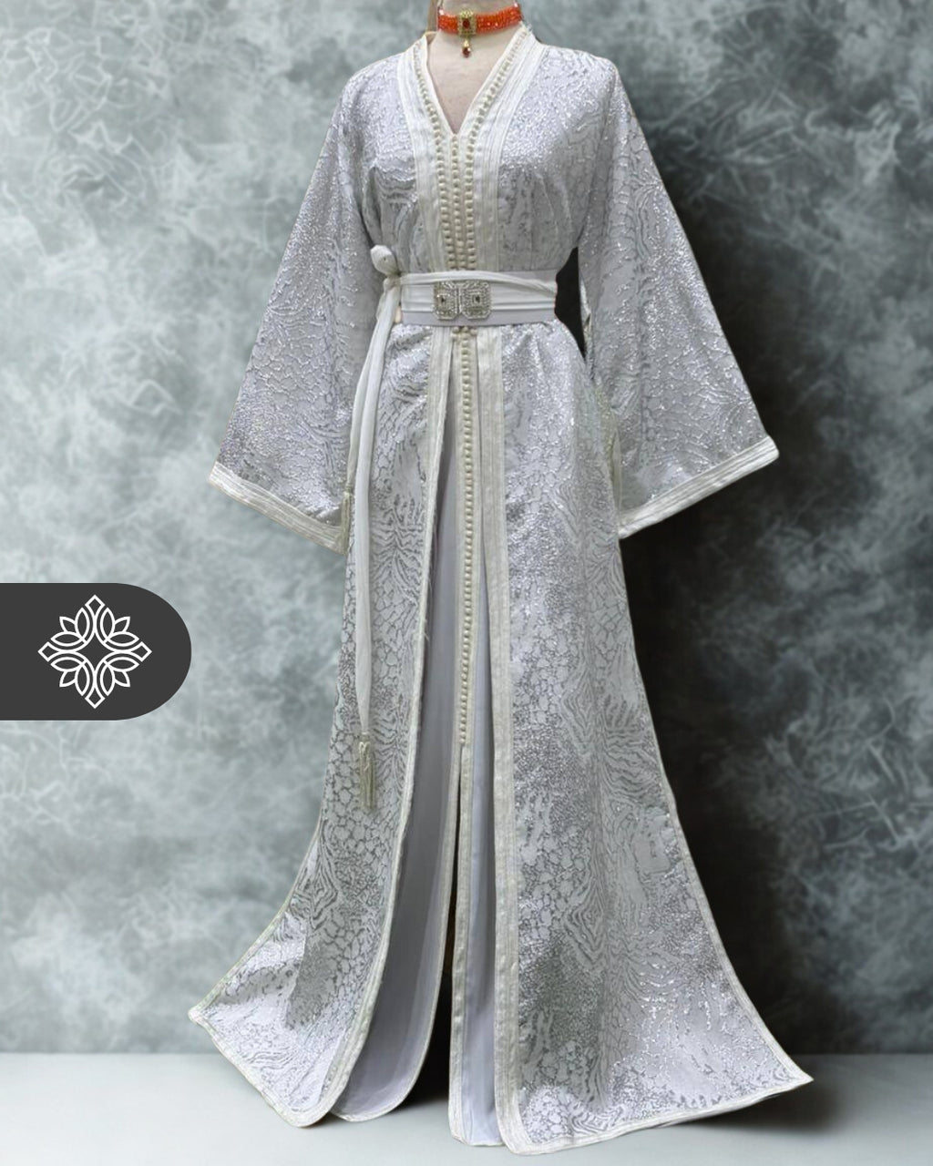 White & Silver Moroccan Two-Piece Kaftan | Timeless Shimmer Takshita