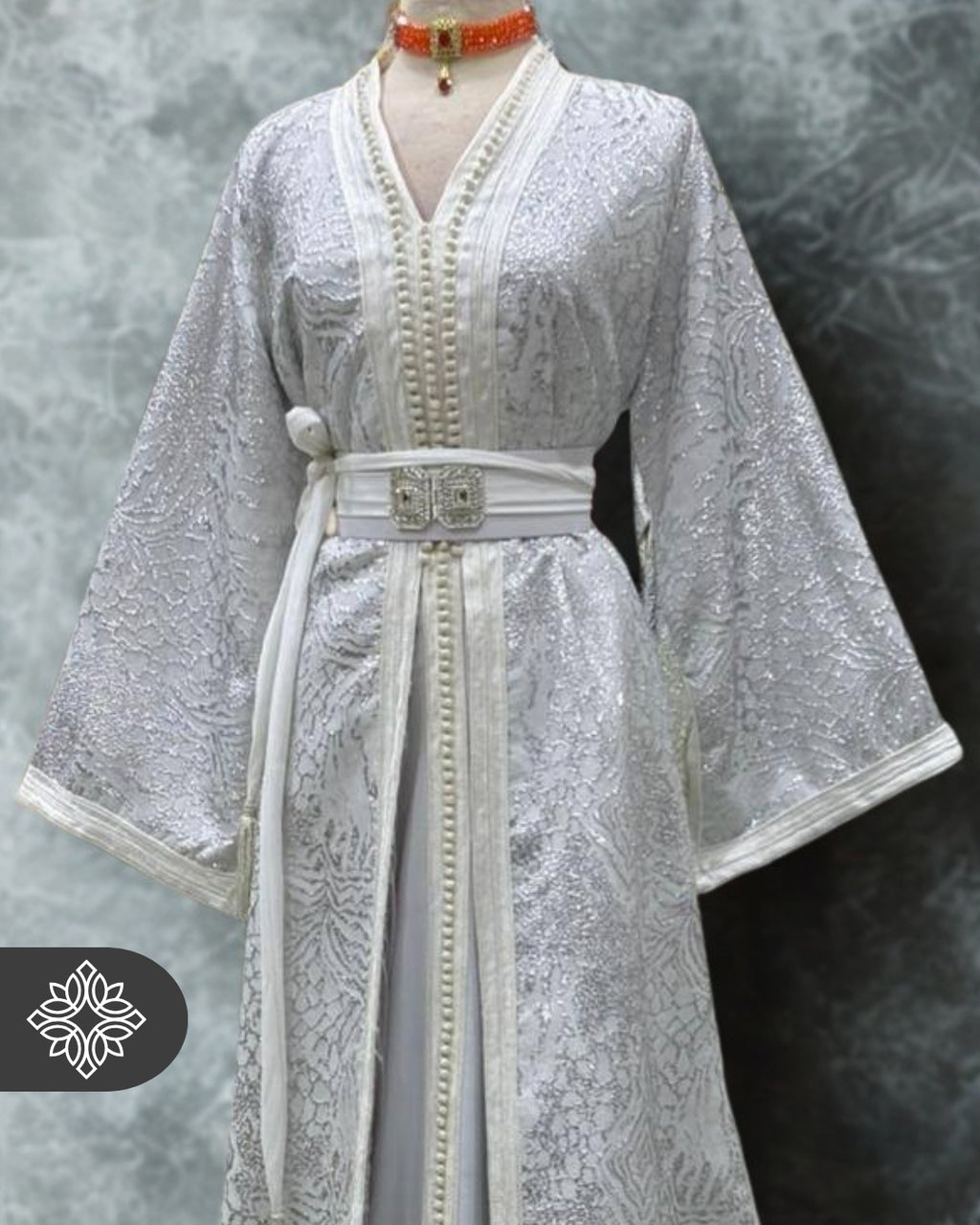 White & Silver Moroccan Two-Piece Kaftan | Timeless Shimmer Takshita