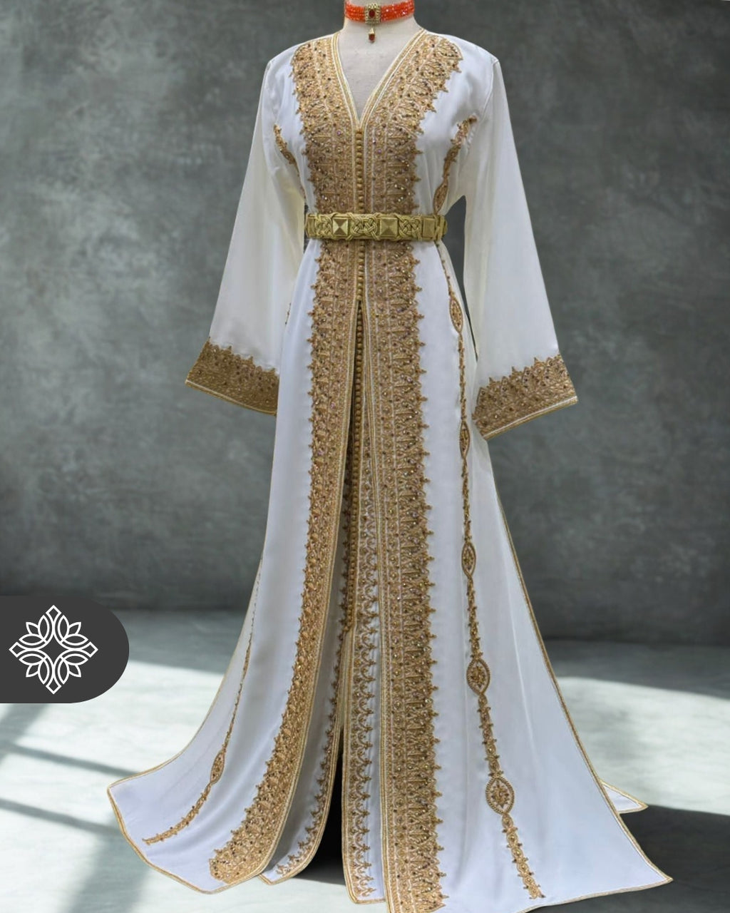 Majestic Moroccan Two-Piece Kaftan | White & Gold Embroidered Royal Design
