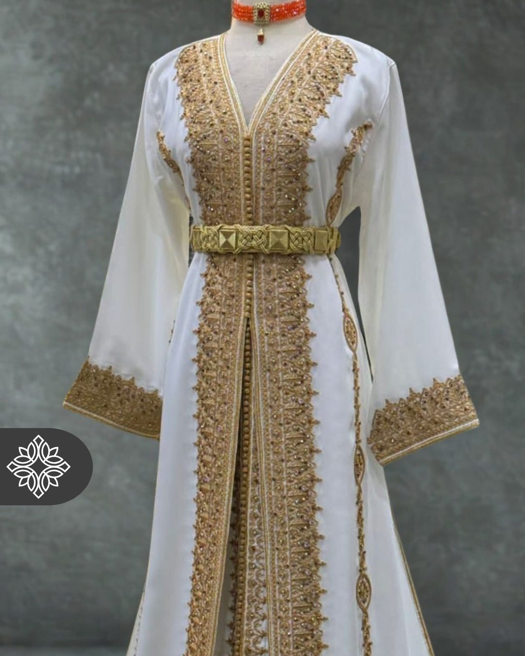 Majestic Moroccan Two-Piece Kaftan | White & Gold Embroidered