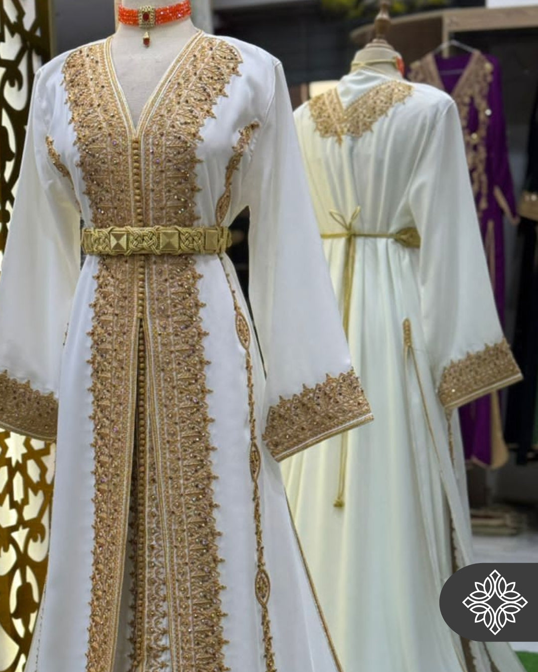 Majestic Moroccan Two-Piece Kaftan | White & Gold Embroidered Royal Design